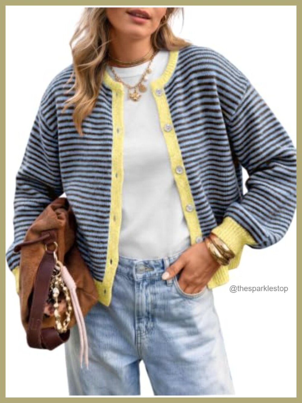 Striped Knit Cardigan Button Down Crew Neck Long Sleeve Relaxed Fit